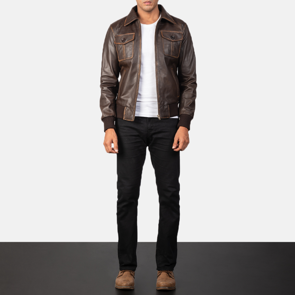 Distressed leather bomber jacket on sale mens